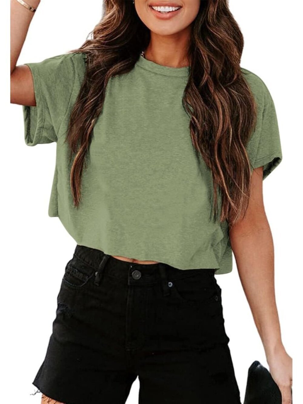 Women's Army Green Short Sleeve Crew Neck Loose Casual Drop Shoulder Crop Tops
